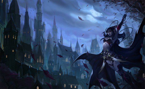 Anime picture 1273x789 with gorrem long hair open mouth black hair red eyes wide image sky wind pointy ears night arms up city dark elf girl weapon plant (plants) sword tree (trees) belt leaf (leaves)