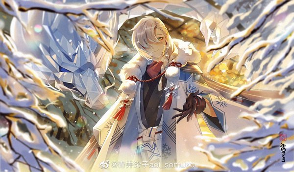 Anime picture 1536x900 with onmyoji ichimoku ren (onmyoji) aoi somuko single long hair looking at viewer fringe smile wide image silver hair pointy ears hair over one eye outstretched hand boy gloves black gloves tassel branch ice