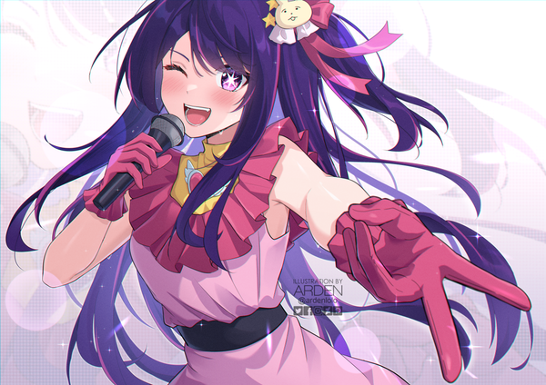 Anime picture 1191x842 with oshi no ko hoshino ai (oshi no ko) ardenlolo single long hair blush open mouth purple eyes signed purple hair one eye closed one side up symbol-shaped pupils victory ;d zoom layer girl dress gloves microphone