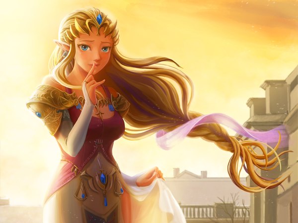 Anime picture 2000x1500 with the legend of zelda princess zelda chen qi (chanseven) single long hair looking at viewer highres blue eyes blonde hair wind lips pointy ears finger to mouth girl dress earrings