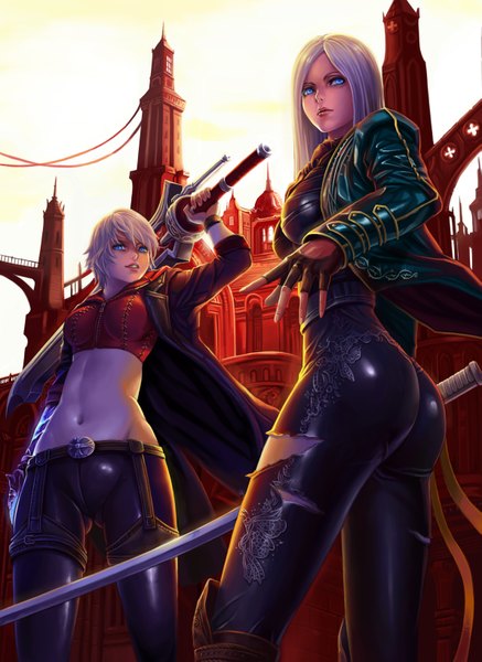 Anime picture 2374x3260 with devil may cry nero (devil may cry) vergil dantewontdie long hair tall image highres short hair breasts blue eyes light erotic multiple girls absurdres sky silver hair cloud (clouds) ass white hair light smile realistic