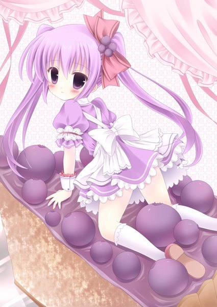Anime picture 1500x2118 with original kouta. single long hair tall image blush purple eyes twintails purple hair girl dress bow hair bow socks sweets white socks cake