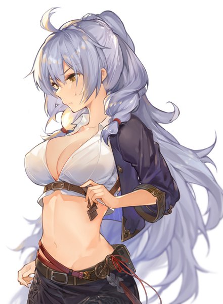 Anime picture 1152x1567 with granblue fantasy silva (granblue fantasy) hana mori single long hair tall image fringe breasts light erotic simple background hair between eyes large breasts white background brown eyes payot cleavage silver hair upper body ahoge ponytail