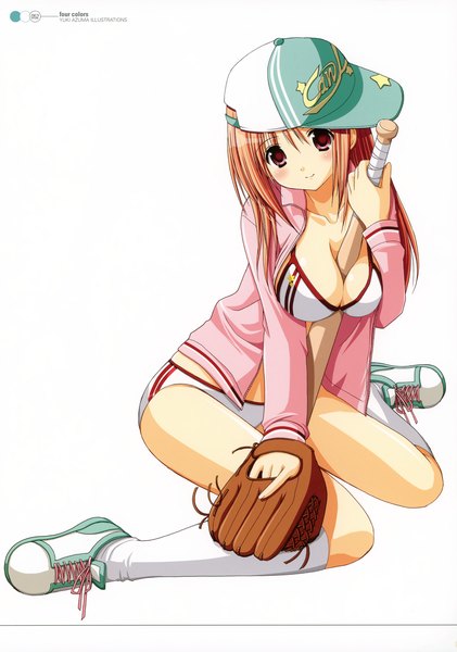 Anime picture 2869x4084 with original azuma yuki long hair tall image blush highres light erotic simple background red eyes white background pink hair light smile scan open clothes open jacket between breasts girl hat shoes jacket