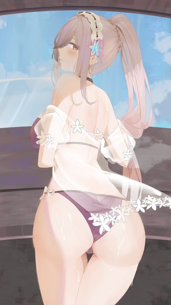 Anime picture 1120x2000 with azur lane dunkerque (azur lane) dunkerque (summer sucre) (azur lane) ru zhai single long hair tall image looking at viewer blush fringe breasts open mouth light erotic hair between eyes large breasts standing payot sky cloud (clouds) ass