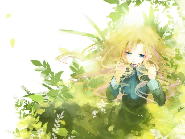 Anime picture 1000x750 with ib (game) mary (ib) yuukichi single long hair blue eyes blonde hair girl dress plant (plants) leaf (leaves)