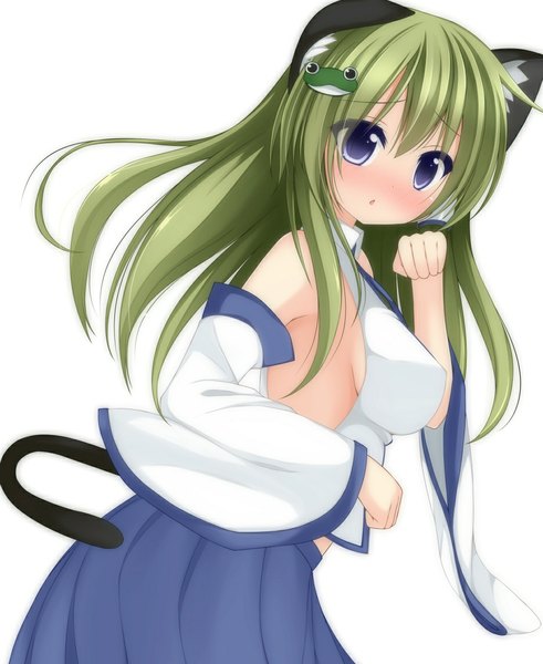 Anime picture 936x1143 with touhou kochiya sanae chimunge single long hair tall image looking at viewer blush blue eyes simple background white background animal ears tail animal tail green hair cat ears cat girl cat tail girl hair ornament