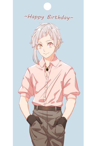 Anime picture 1680x2547 with bungou stray dogs studio bones nakajima atsushi kitsune (pixiv5601263) single tall image short hair smile yellow eyes silver hair blue background open collar happy birthday hands in pockets boy gloves shirt black gloves belt pendant