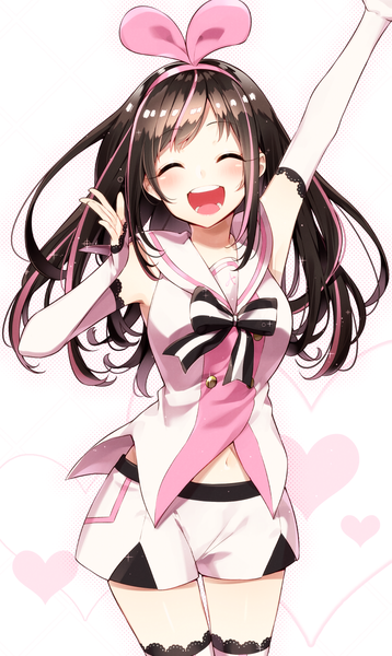 Anime picture 893x1493 with virtual youtuber a.i. channel kizuna ai sakuragi ren single long hair tall image blush fringe open mouth simple background smile brown hair standing white background payot eyes closed multicolored hair arm up two-tone hair