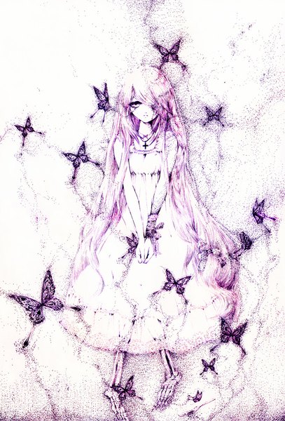 Anime picture 679x1000 with original charmal (pixiv) single tall image looking at viewer fringe pink hair very long hair pink eyes hair over one eye butterfly on hand bone (bones) girl dress insect butterfly cross