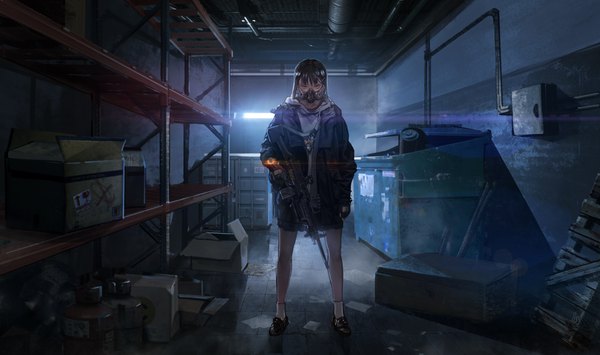 Anime picture 4180x2480 with tom clancy's the division san-x rilakkuma jun (5455454541) single long hair looking at viewer fringe highres black hair wide image standing holding absurdres full body indoors open jacket orange eyes glowing girl