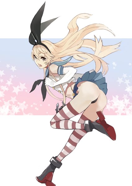 Anime picture 2000x2826 with kantai collection shimakaze destroyer bobhit single long hair tall image highres light erotic blonde hair full body ass looking back grey eyes zettai ryouiki turning head running girl thighhighs skirt gloves