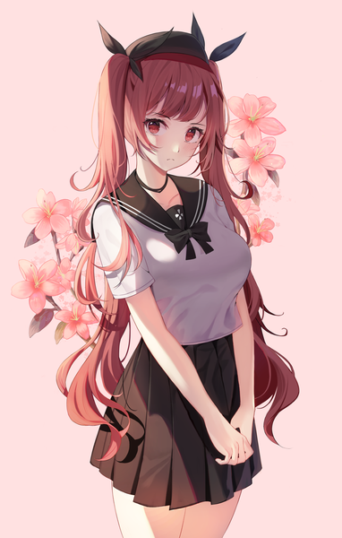 Anime picture 1593x2500 with azur lane honolulu (azur lane) honolulu (umbrella girl) (azur lane) niji (rudduf232) single long hair tall image looking at viewer blush fringe breasts simple background red eyes standing twintails payot red hair blunt bangs pleated skirt short sleeves