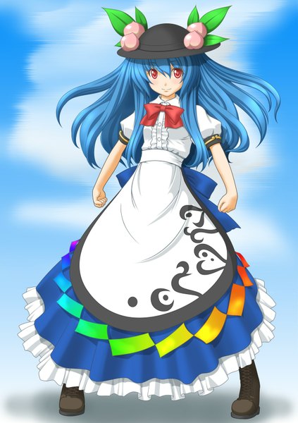 Anime picture 1200x1700 with touhou hinanawi tenshi t2r (artist) single long hair tall image red eyes blue hair girl dress hat boots fruit peach