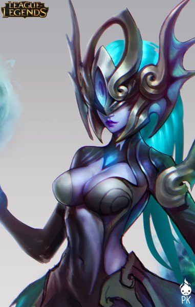 Anime picture 800x1258 with league of legends syndra paul (shiramune) single long hair tall image breasts light erotic simple background lips realistic aqua hair grey background lipstick purple lipstick girl helmet