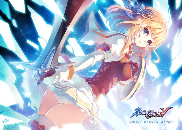 Anime picture 1680x1200 with soulcalibur soulcalibur v tel-o single short hair blue eyes light erotic blonde hair looking back girl dress gloves hair ornament underwear panties weapon sword shield