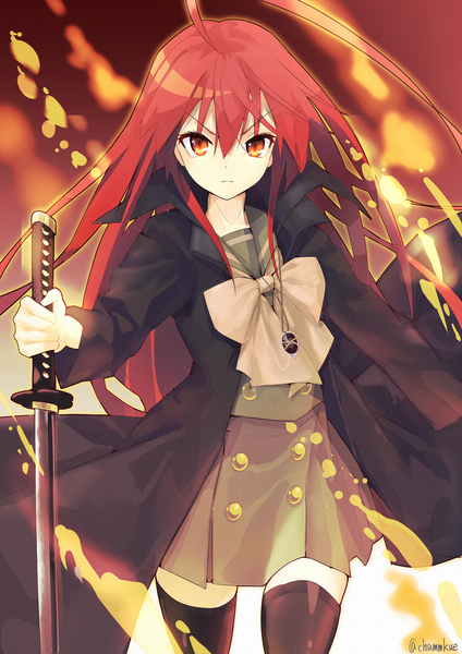 Anime picture 2894x4093 with shakugan no shana j.c. staff shana chamu (chammkue) single long hair tall image looking at viewer fringe highres hair between eyes red eyes ahoge red hair girl thighhighs uniform weapon black thighhighs sword