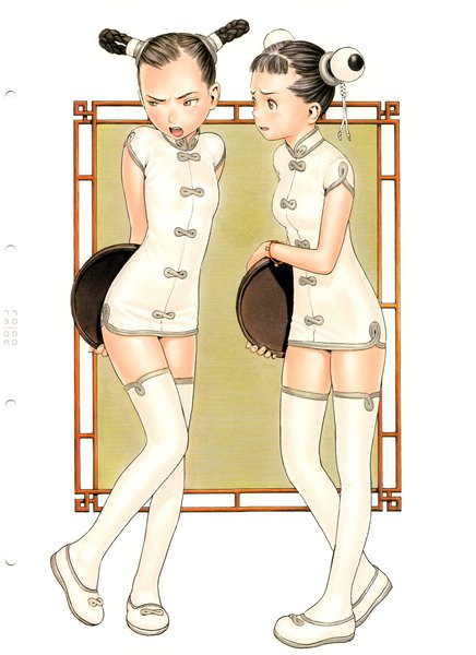 Anime picture 3000x4127 with form code (artbook) range murata tall image highres short hair open mouth black hair standing white background multiple girls brown eyes looking away full body traditional clothes scan zettai ryouiki chinese clothes waitress girl thighhighs