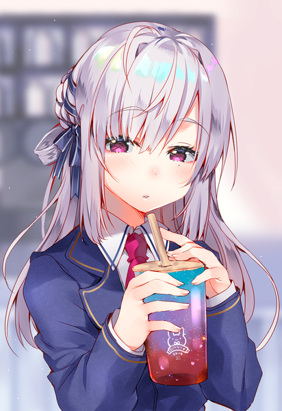 Anime picture 1187x1728 with original usagihime single long hair tall image looking at viewer blush fringe hair between eyes purple eyes holding payot silver hair upper body braid (braids) long sleeves parted lips blurry inscription mole