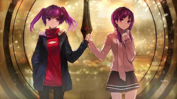 イラスト 1512x850 と エルソード aisha landar 超凶の狄璐卡 長髪 wide image 紫目 ツインテール multiple girls looking away purple hair holding hands 女の子 スカート 2人女子 ジャケット タートルネック 胸開きタートルネック