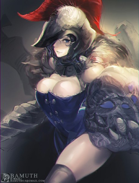 Anime picture 682x900 with original bamuth single tall image looking at viewer short hair breasts light erotic black hair smile large breasts signed cleavage lips black eyes girl thighhighs weapon black thighhighs helmet