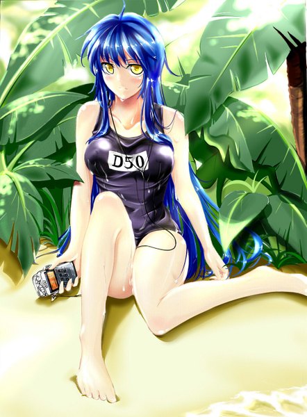 Anime picture 1025x1392 with original yunsang single long hair tall image looking at viewer blush light erotic sitting bare shoulders yellow eyes blue hair barefoot wet beach girl swimsuit water sea one-piece swimsuit