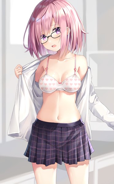 Anime picture 737x1189 with fate (series) fate/grand order mash kyrielight rin yuu single tall image looking at viewer blush fringe short hair breasts open mouth light erotic large breasts standing purple eyes bare shoulders pink hair cleavage indoors