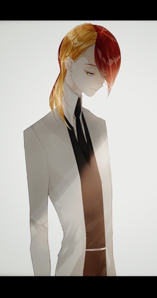 Anime picture 1080x2048 with houseki no kuni rutile (houseki no kuni) hana (kyonkyon999) single long hair tall image fringe simple background blonde hair standing upper body red hair multicolored hair hair over one eye grey background two-tone hair letterboxed androgynous necktie labcoat