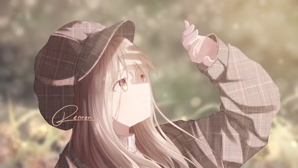 Anime picture 1619x920 with original renren single long hair brown hair wide image brown eyes signed looking away upper body outdoors arm up shaded face plaid girl hat cabbie hat