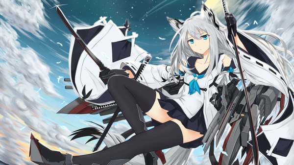 Anime picture 9448x5314 with azur lane kawakaze (azur lane) along single looking at viewer fringe highres blue eyes hair between eyes wide image holding animal ears payot absurdres silver hair cloud (clouds) ahoge bent knee (knees) outdoors tail