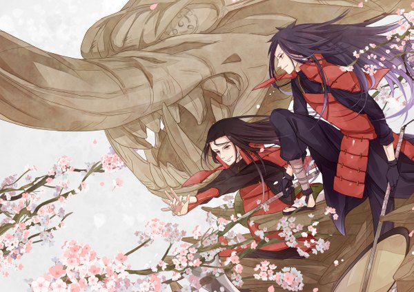 Anime picture 1227x868 with naruto studio pierrot naruto (series) uchiha madara senju hashirama tagme (artist) long hair black hair simple background red eyes brown hair purple hair light smile grey background multiple boys teeth grey eyes fang (fangs) couple cherry blossoms