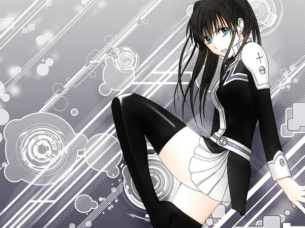 Anime picture 1152x864 with d.gray-man lenalee lee single long hair blue eyes black hair girl dress thigh boots