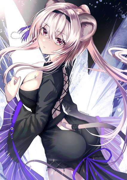 Anime picture 724x1023 with arknights lin yuhsia (arknights) hakusai ponzu single long hair tall image looking at viewer fringe breasts light erotic hair between eyes large breasts signed animal ears pink hair cleavage ass ponytail tail animal tail