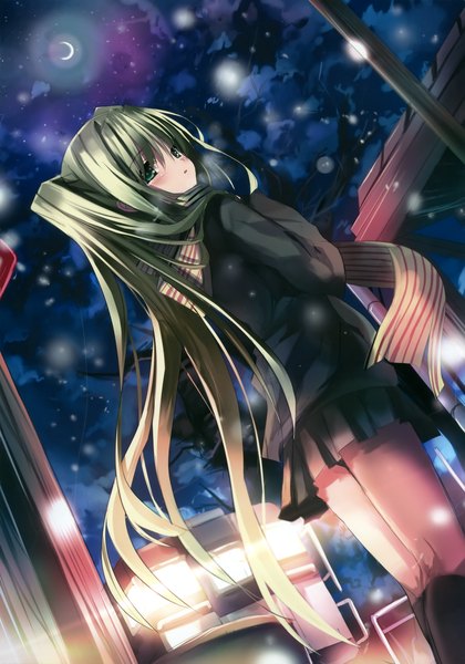Anime picture 2550x3639 with vocaloid hatsune miku shino (eefy) single long hair tall image highres twintails green eyes cloud (clouds) pleated skirt looking back green hair scan dutch angle night sky light snowing winter snow