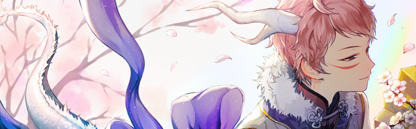 Anime picture 2000x625 with ensemble stars! itsuki shu saharan single short hair wide image purple eyes looking away pink hair tail horn (horns) from above cherry blossoms facial mark dragon tail boy petals
