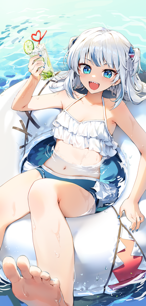 Anime picture 1600x3360 with virtual youtuber hololive hololive english gawr gura cika k single tall image short hair open mouth blue eyes holding silver hair nail polish :d multicolored hair teeth two side up streaked hair partially submerged sharp teeth
