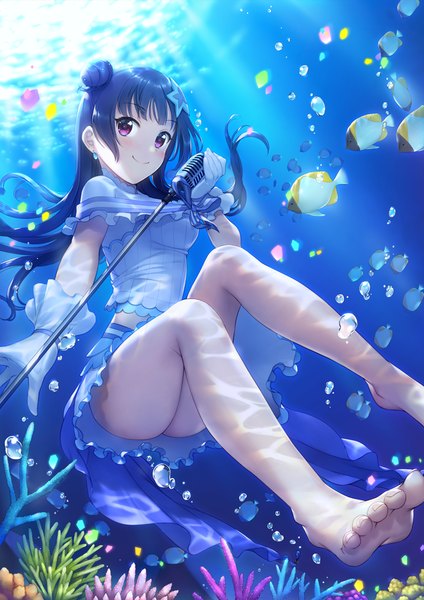 Anime picture 800x1132 with love live! sunshine!! sunrise (studio) love live! tsushima yoshiko mignon single long hair tall image looking at viewer blush fringe breasts light erotic smile large breasts purple eyes holding payot blue hair bent knee (knees)