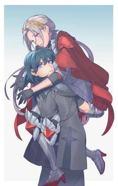 Anime picture 1200x1896 with fire emblem fire emblem: three houses nintendo edelgard von hresvelg byleth (fire emblem) byleth (female) (fire emblem) radiostarkiller long hair tall image fringe blue eyes simple background hair between eyes purple eyes multiple girls blue hair looking away parted lips high heels turning head