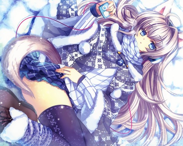 Anime picture 1280x1024 with original capura lin single long hair fringe open mouth light erotic holding animal ears ahoge bent knee (knees) tail lying animal tail fur trim plaid skirt snowing winter snow exhalation