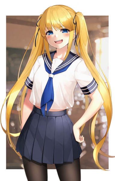 Anime picture 1000x1568 with original maemi (maemi12) single long hair tall image looking at viewer blush fringe open mouth blonde hair smile standing twintails payot :d pleated skirt depth of field hand on hip border >:d