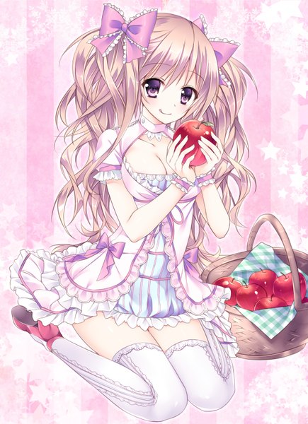 Anime picture 1128x1554 with original sorai shin'ya single long hair tall image blonde hair purple eyes twintails girl thighhighs dress bow hair bow white thighhighs frills fruit apple basket