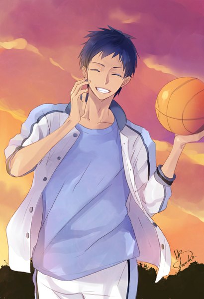Anime picture 683x1000 with kuroko no basket production i.g aomine daiki lancha (pixiv) tall image fringe short hair signed sky purple hair cloud (clouds) eyes closed inscription dark skin happy boy buttons ball basketball ball