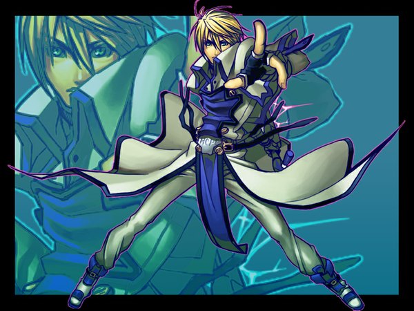Anime picture 1024x768 with guilty gear ky kiske short hair blonde hair green eyes pointing boy gloves boots fingerless gloves mantle buckles syuei