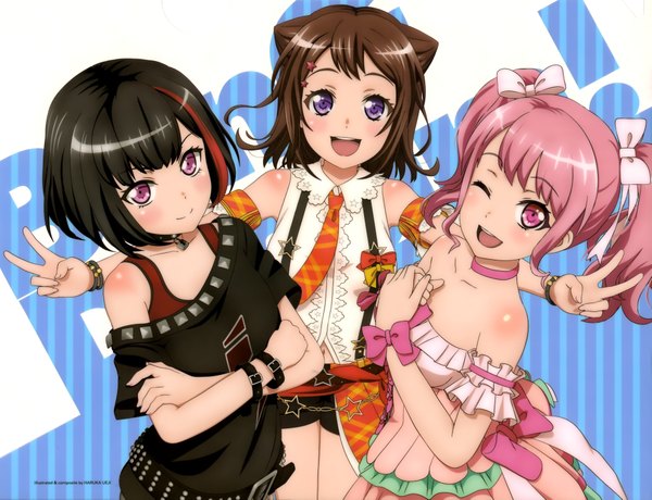 Anime picture 3929x3017 with bang dream! newtype mitake ran maruyama aya toyama kasumi ueji haruka long hair looking at viewer blush fringe highres short hair open mouth black hair smile brown hair twintails purple eyes multiple girls pink hair