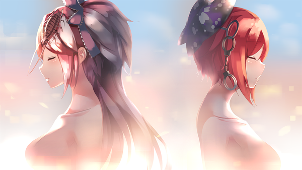 Anime picture 1280x720 with vocaloid bacterial contamination (vocaloid) gumi calcium c.c.r long hair fringe short hair breasts light erotic brown hair wide image large breasts bare shoulders multiple girls red hair profile alternate hair color girl ribbon (ribbons)