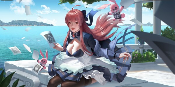 Anime picture 5000x2500 with girls frontline girls' frontline neural cloud tagme (character) finx single long hair looking at viewer fringe highres breasts light erotic brown hair wide image large breasts sitting holding brown eyes absurdres sky cleavage