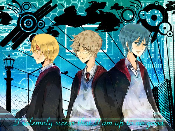 Anime picture 1280x960 with harry potter sirius black james potter remus lupin short hair blonde hair brown hair brown eyes yellow eyes blue hair profile multiple boys grey eyes group silhouette boy uniform school uniform glasses sweater