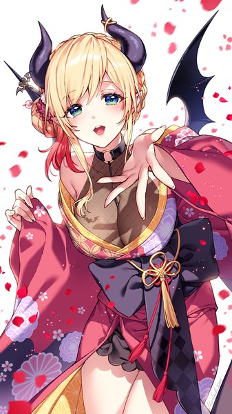 Anime picture 1080x1920 with virtual youtuber hololive yuzuki choco yuzuki choco (4th costume) nardack single tall image looking at viewer blush fringe short hair breasts open mouth blue eyes light erotic simple background blonde hair smile large breasts standing