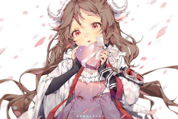 Anime picture 3000x2000 with arknights eyjafjalla (arknights) monosucre single long hair looking at viewer blush fringe highres open mouth simple background red eyes brown hair holding signed animal ears payot upper body head tilt horn (horns)