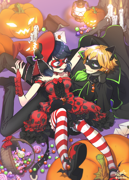 Anime picture 600x840 with miraculous ladybug marinette cheng adrien agreste ladybug (character) chat noir am4ci (artist) tall image short hair breasts blue eyes blonde hair smile twintails green eyes signed animal ears blue hair lying arm support low twintails